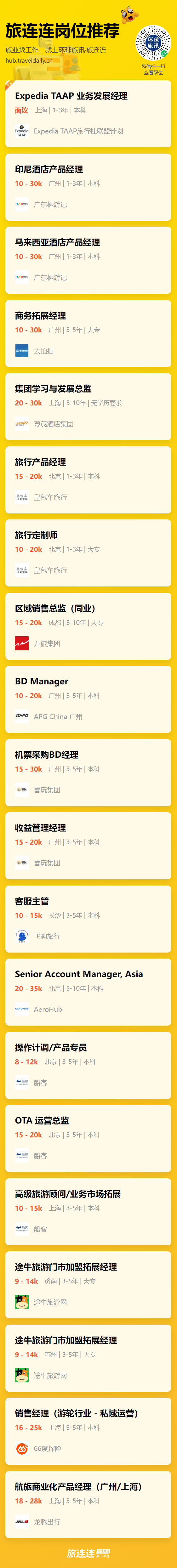 旅业岗位推荐｜尊茂酒店集团、去拍拍、Expedia TAAP旅行社联盟计划、皇包车旅行、途牛旅游网等企业正在招聘中！