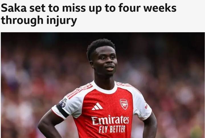 无缘对阵利物浦!BBC:萨卡腿筋受伤,预计将伤缺4周